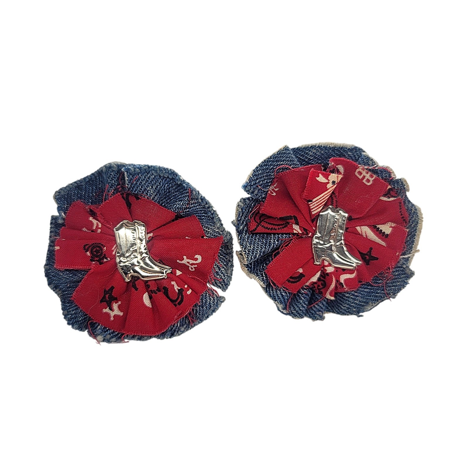 Vtg Denin Retro Red Blue Jean Fabric Silver Tone Western Boots Clipon Earrings
